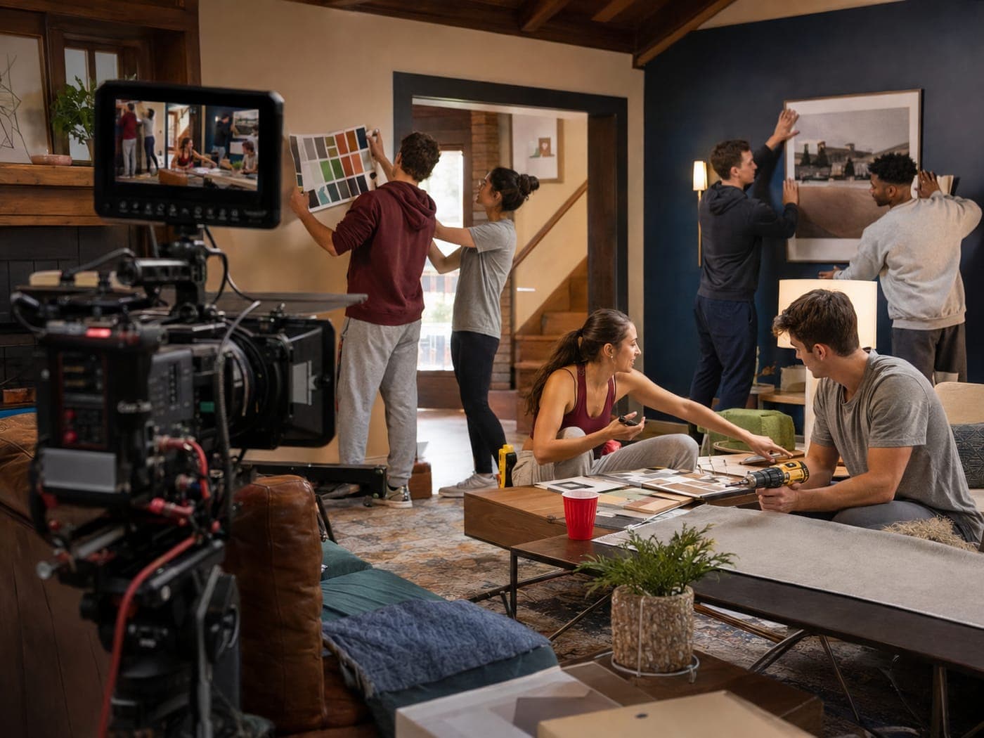 Behind the scenes of a house-makeover shoot, seen past a studio camera